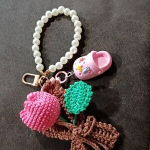 Pink and Brown Kids Keychain with Pearl Bracelet
